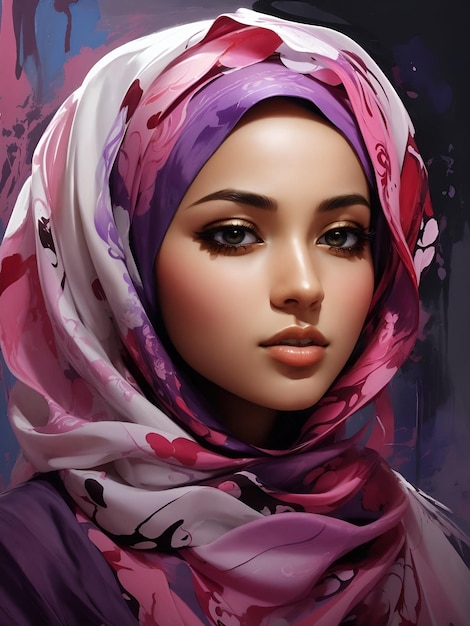 Портрет красочной потрясающей молодой мусульманки или девушки с платком на голове
