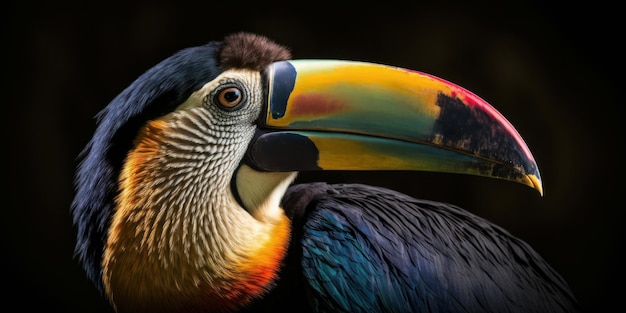 Portrait of a colorful toucan on a black background closeup