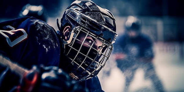 Portrait of concentrated professional young hockey player wearing wire cage helmet in ice hockey arena