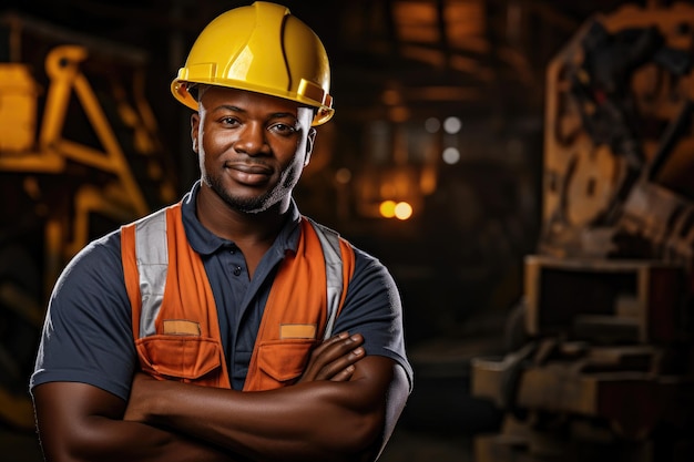 Портрет уверенного в себе афроамериканского рабочего с скрещенными руками на заводе Молодой чернокожий африканский горнодобывающий строитель с цифровым планшетом