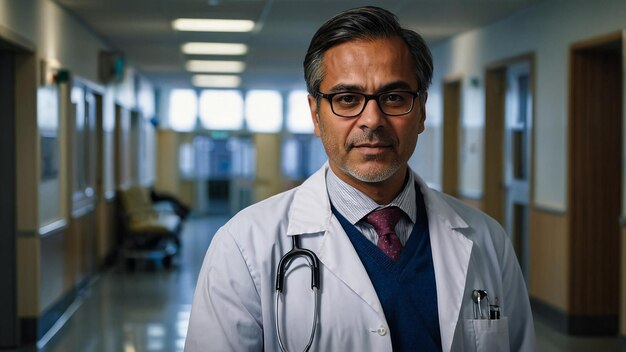 Portrait of confident Asian Indian medical doctor standing at hospital building