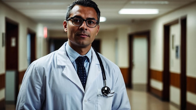 Portrait of confident Asian Indian medical doctor standing at hospital building