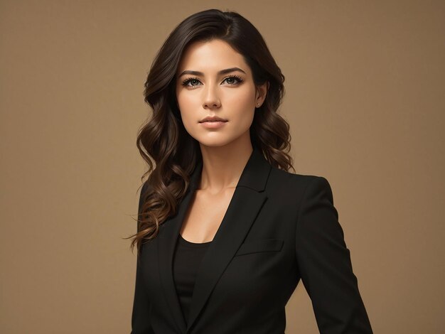 Portrait of confident business manager woman wearing stylish black suit isolated on beige