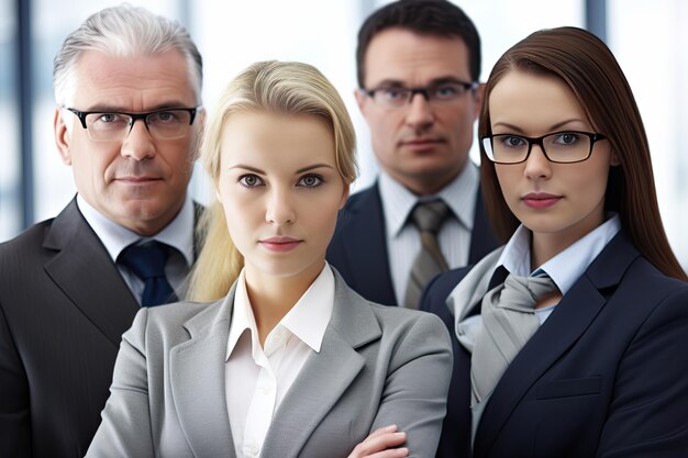 Photo portrait of confident business team standing in office group of businesspeople selective focus generative ai