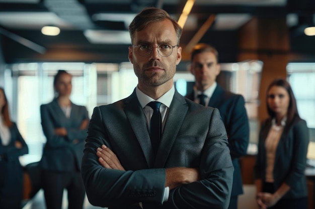 Portrait of confident business team standing in office with their hands crossed