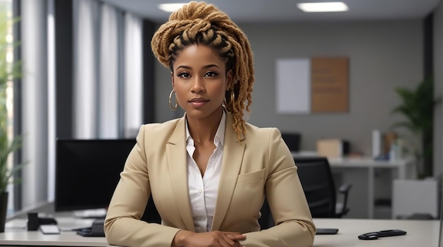 A portrait of a Confident Business woman modern office wearing a beige blazer and white shirt