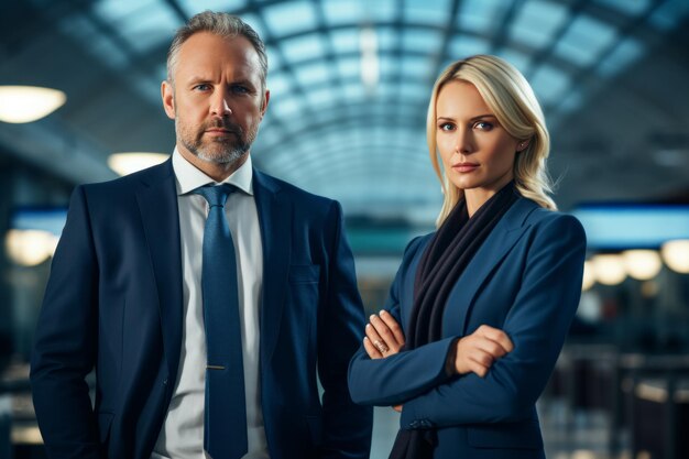 Photo portrait of a confident businessman and business woman in airport