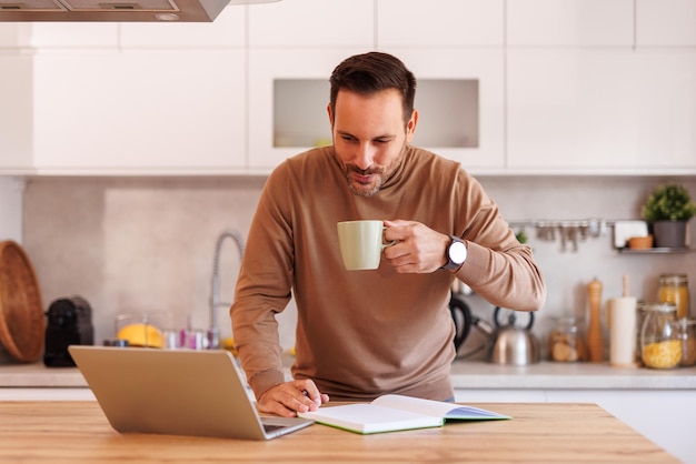 テーブルキッチンでコーヒーを飲みラップトップでレポートを分析する自信のあるビジネスマンの肖像画
