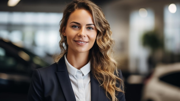 Portrait of a confident businesswoman in a suit standing in a car dealership