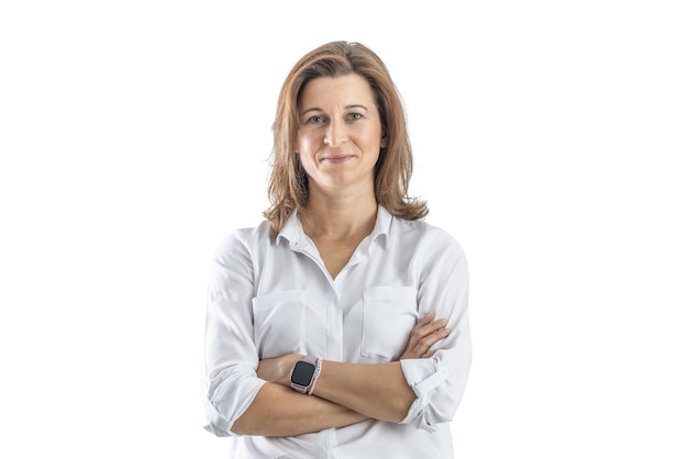 Portrait of confident businesswoman with crossed arms on isolated white background