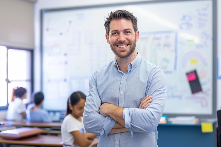 Photo portrait of confident caucasian male teacher in classroom