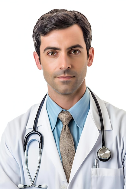 Portrait of confident doctor with stethoscope standing against white background