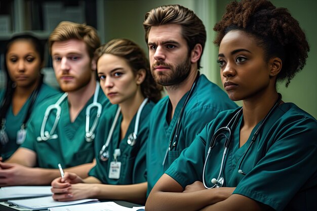 Photo portrait of confident doctors sitting in conference room during meeting in hospital medical students listening sitting at desk ai generated