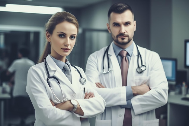 Portrait of confident doctors standing with crossed arms in modern hospital corridor