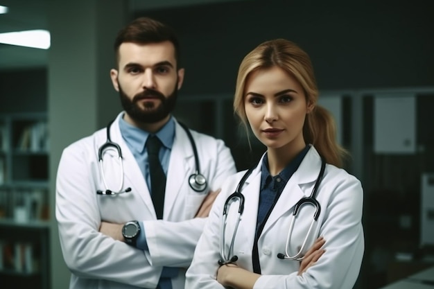 Portrait of confident doctors standing with crossed arms in modern hospital corridor