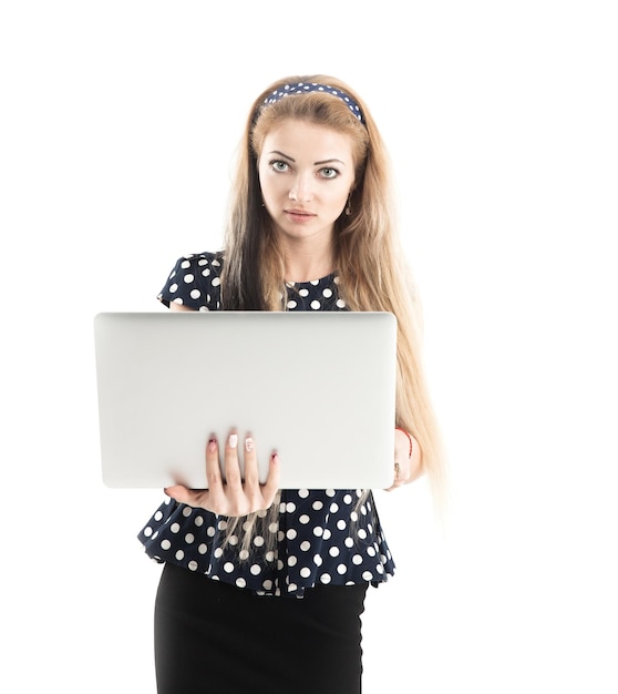 Portrait of confident female administrator with an open laptop o