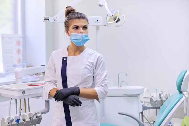 Portrait of confident female dentist doctor in white coat with mask