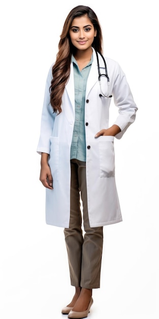 Portrait of confident female doctor standing with hands in pockets on white background