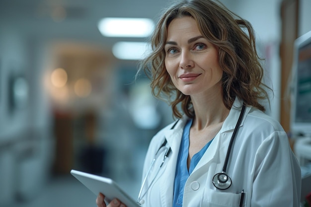 Портрет уверенной в себе женщины-доктора, использующей цифровой планшет, стоя в коридоре больницы