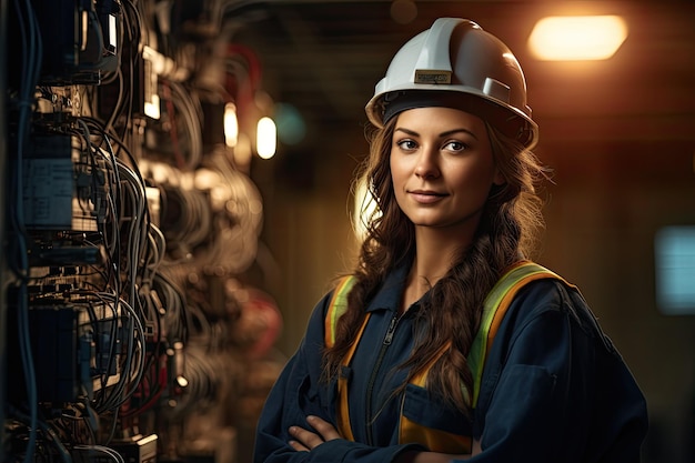 Photo portrait of confident female engineer standing with crossed arms in factory woman professional engineer electrical specialist ai generated