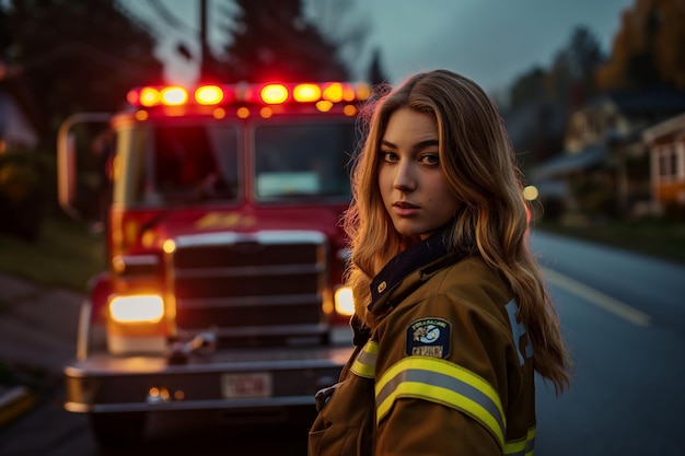 Portrait of a confident female firefighter standing with a fire truck in the background