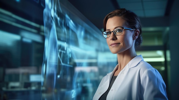 Portrait of confident female scientist looking at camera while standing in laboratory Generative ai