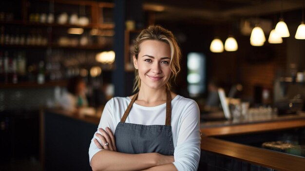 Foto ritratto di una donna fiduciosa proprietaria di una piccola impresa che lavora in un bar