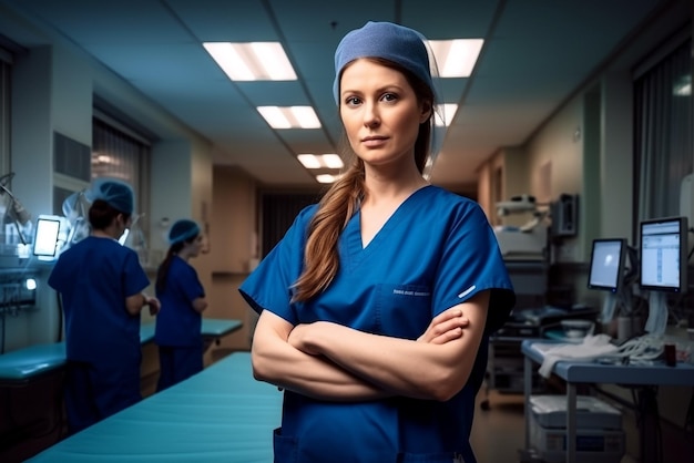 Portrait of confident female surgeon standing with arms crossed in operating room