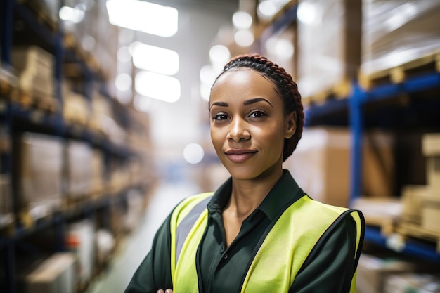 Portrait of confident female warehouse worker smiling for camera in work environment Generative AI