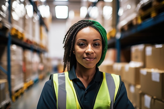 Photo portrait of confident female warehouse worker smiling for camera in work environment generative ai