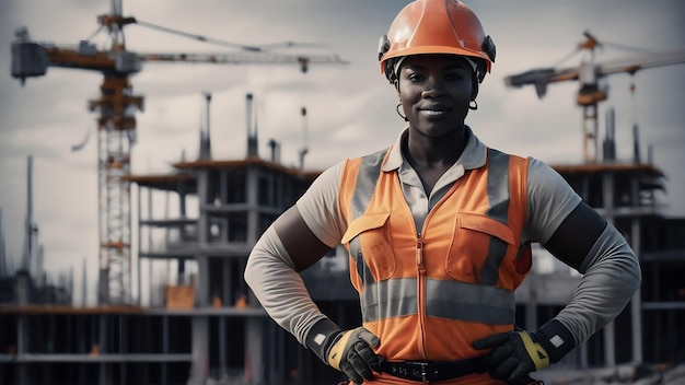 Portrait of confident female worker in orange helmet