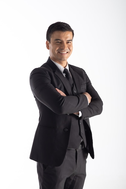 Portrait confident happy smilling handsome business man in suit on white background. Caucasian people.