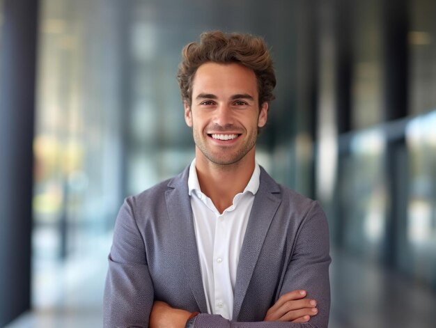 Portrait Of Confident Male Business Man Smiling To Camera With Space For Text