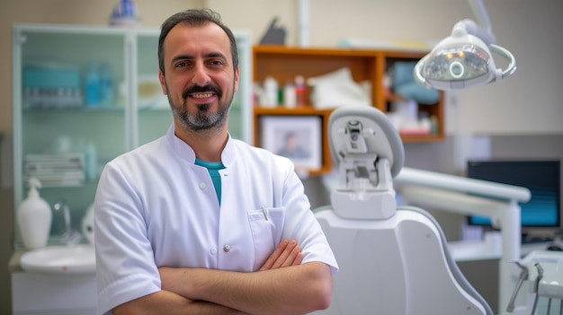 portrait of a confident male dentist in a modern dental clinic slight smile candid