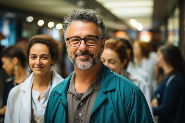 Portrait of confident male doctor in front of his team in the hospital