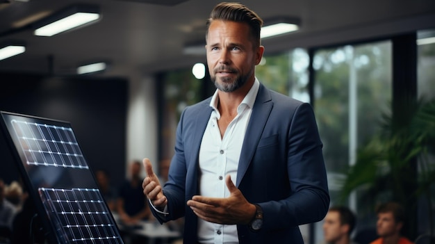 Portrait of confident mature businessman showing presentation of solar panel in office