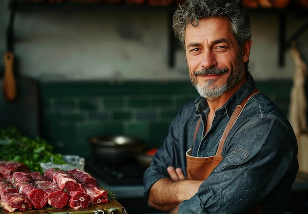 Foto ritratto di un macellaio maturo fiducioso in piedi davanti al tavolo di carne fresca nella macelleria con le braccia incrociate