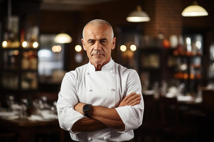 Photo portrait of confident mature male chef standing with arms crossed in restaurant