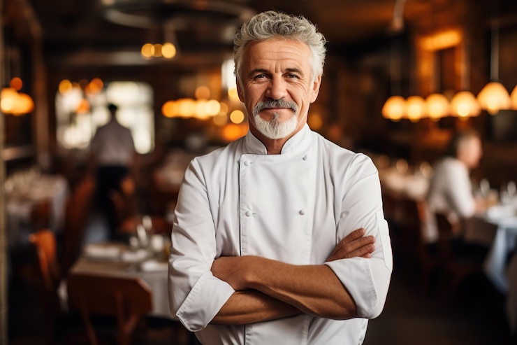 Photo portrait of confident mature male chef standing with arms crossed in restaurant