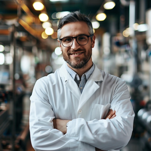 portrait of confident mature male scientist standing with arms crossed in factory