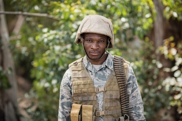 Portrait of confident military soldier in boot camp