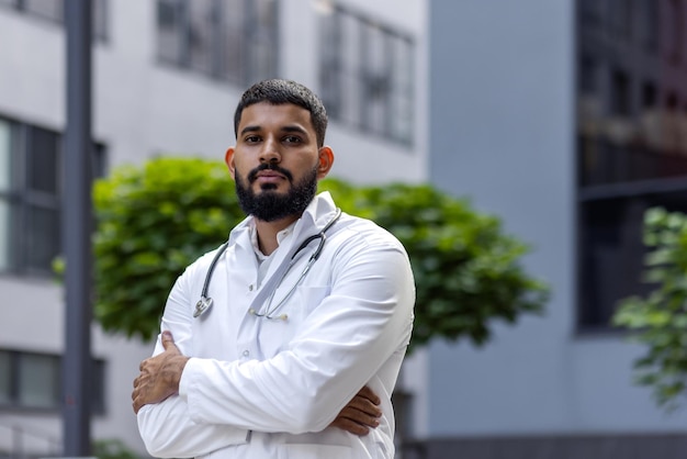Portrait of a confident muslim male doctor standing outside a hospital and looking seriously into