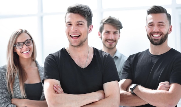 Portrait of confident peoples with colleagues in meeting at office