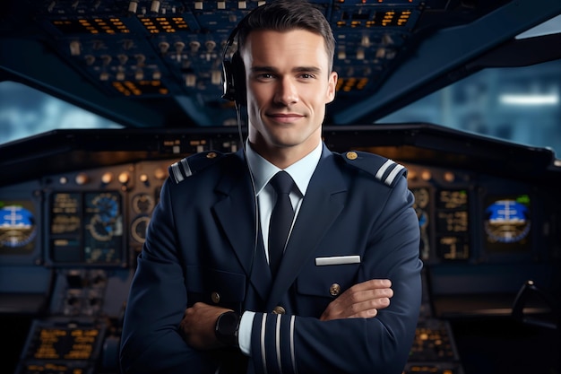 Portrait of confident pilot in airplane cockpit Success in business and education concept