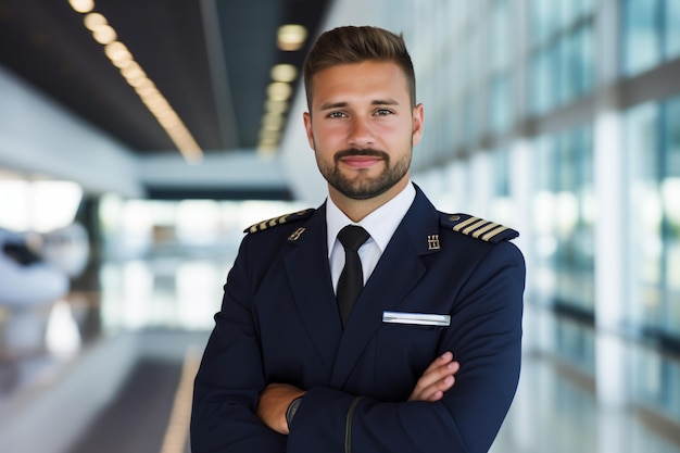 Photo portrait of confident pilot standing with stewardess and private jet in background at terminal