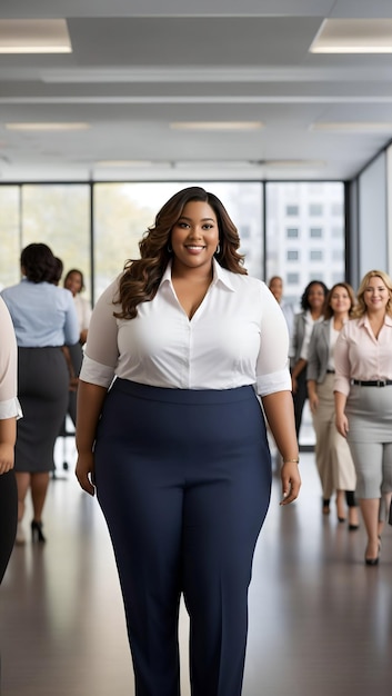 Portrait of a confident plus size female leader with her team in background at startup
