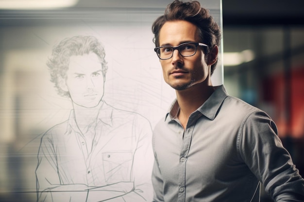 Portrait of confident professional designer in office workplace Man standing near board with his portrait