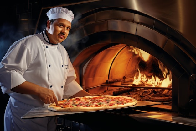 Portrait confident professional pizzaiolo man master chef process preparing baking hot pizza stone