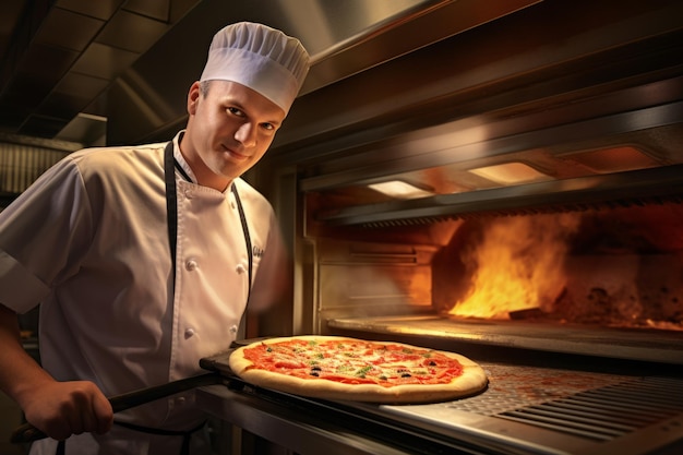 Portrait confident professional pizzaiolo man master chef process preparing baking hot pizza stone