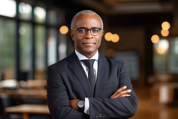 Portrait of confident senior african american businessman in suit CEO with glasses and crossed arms